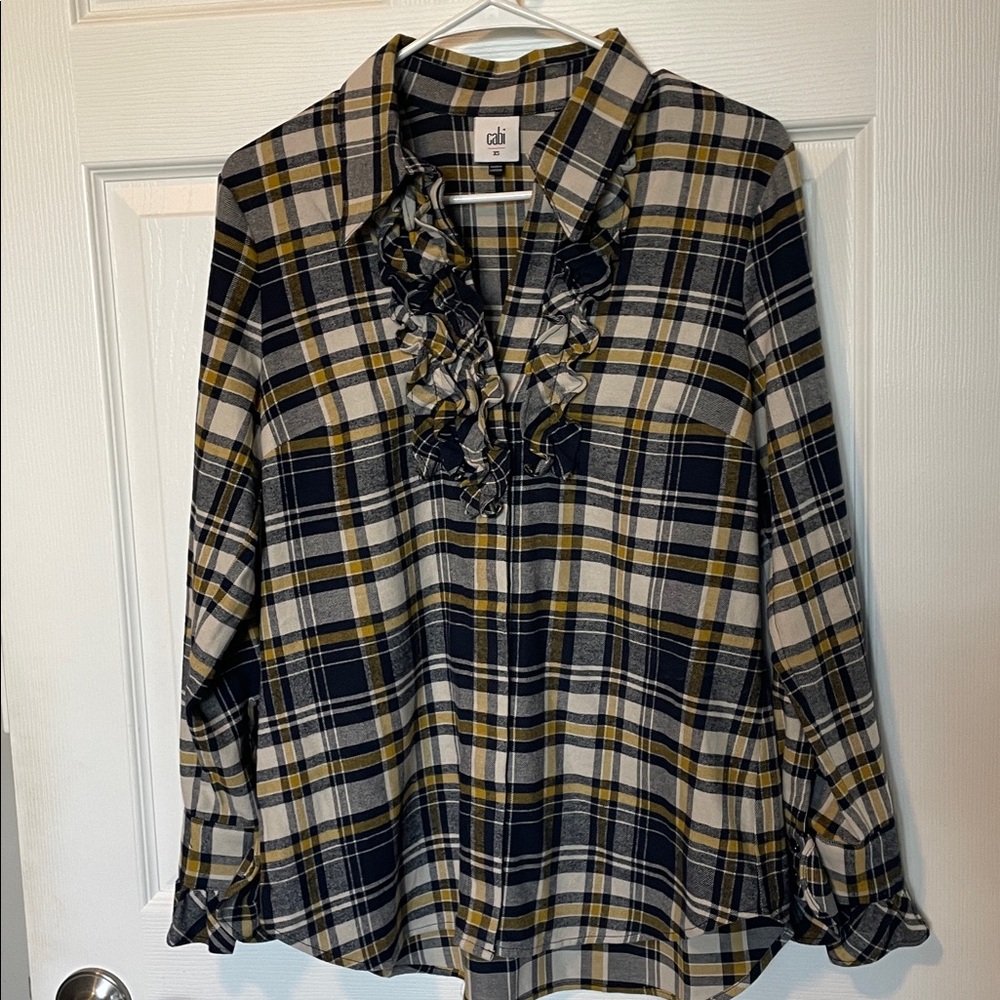 CAbi Checkered Ruffle Top in Navy, Yellow, and Cream